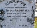 Elvena Johanna WOLFF, wife mother, born 19 Oct 1875, died 6 July 1928; Otto Benjamin WOLFF, husband, born 11 Oct 1872, died 12 Dec 1963; Pimpama Island cemetery, Gold Coast 
