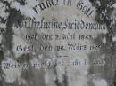 
Wilhelmine KRIEDEMANN,
born 2 May 1843,
died 26 March 1925;
Pimpama Island cemetery, Gold Coast
