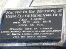 Vera Ellen RIESENWEBER (nee LAHRS),
died 16 Jan 1966 aged 56 years,
wife of Harold,
mother mother-in-law nanna of Gwen, Laurel & families;
Pimpama Island cemetery, Gold Coast