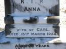 Carl HUTH, husband father, died 24 Dec 1927; Anna, wife of Carl, died 13 March 1954 aged 96 years; Pimpama Island cemetery, Gold Coast 