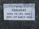Gustav Franz Albert PARCHERT, born 11 Feb 1892, died 13 March 1952; Pimpama Island cemetery, Gold Coast 