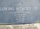 Adeline Bertha MIERS,
mother,
died 15 Sept 1984 aged 92 years;
Pimpama Island cemetery, Gold Coast