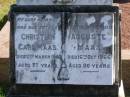 Christian Carl MAAS,
husband father,
died 2 March 1940 aged 77 years;
Auguste MAAS,
mother,
died 16 Oct 1966 aged 90 years;
Pimpama Island cemetery, Gold Coast
