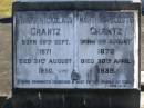 Hans Nickolaus GRANTZ,
born 20 Sept 1871,
died 31 Aug 1950;
Martha Auguste GRANTZ,
born 3 Aug 1872,
died 30 April 1939;
Pimpama Island cemetery, Gold Coast