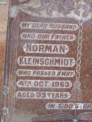 
Norman KLEINSCHMIDT,
husband father,
died 4 Oct 1963 aged 39 years;
Pimpama Island cemetery, Gold Coast

