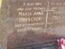 
Maria Anna DRESCHER,
wife mother,
died 3 March 1987 aged 91 years;
Ferdinand DRESCHER,
husband father,
died 14 June 1970 aged 79 years;
Pimpama Island cemetery, Gold Coast
