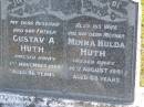 Gustav A. HUTH,
husband father,
died 1 Nov 1968 aged 86 years;
Minna Hulda HUTH,
wife mother,
died 10 Aug 1981 aged 88 years;
Pimpama Island cemetery, Gold Coast