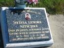 
Sylvia Lenore NITSCHKE (nee JACOBSEN formerly DUFF),
wife mumsy,
8-9-1944 - 21-3-2005;
Pimpama Island cemetery, Gold Coast
