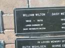 William WILTON,
1902 - 1978,
husband of Daisy Weymouth WILTON;
Daisy Weymouth WILTON,
191 - 1999,
wife of William WILTON;
Pimpama Island cemetery, Gold Coast
