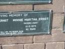Benjamin Adolph ERNST,
died 7-7-1968 aged 79 years;
Minnie Martha ERNST,
died 12-5-1974 aged 82 years;
Pimpama Island cemetery, Gold Coast