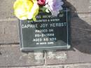 
Daphne Joy HERBST,
daughter sister,
died 20-2-1988 aged 55 years;
Pimpama Island cemetery, Gold Coast
