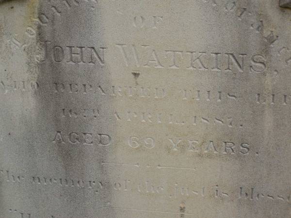 John WATKINS,  | died 11 Apr 1878 aged 69 years,  | erected by friend Evangeline HARRISON;  | Pimpama Uniting cemetery, Gold Coast  | 