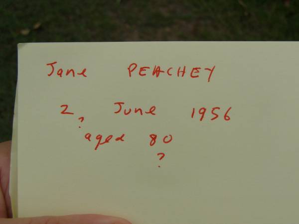 Jane PEACHEY,  | died 2 June 1956 aged 80? years;  | Pimpama Uniting cemetery, Gold Coast  | 