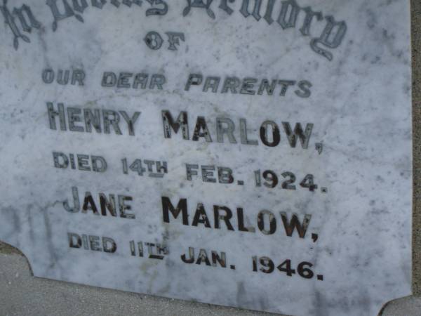 Henry MARLOW,  | died 14 Feb 1924;  | Jane MARLOW,  | died 11 Jan 1946;  | parents;  | Pimpama Uniting cemetery, Gold Coast  | 
