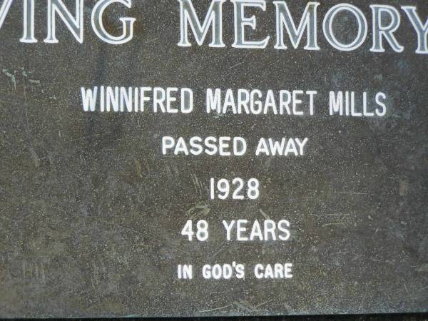 Winnifred Margaret MILLS,  | died 1928 aged 48 years;  | Pimpama Uniting cemetery, Gold Coast  | 