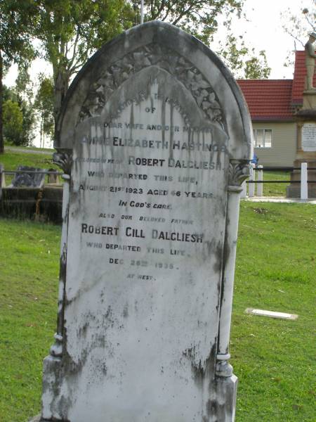 Annie Elizabeth Hastings,  | wife of Robert DALGLIESH,  | mother,  | died 21 Aug 1923 aged 46 years;  | Robert Gill DALGLIESH,  | died 26 Dec 1935;  | Pimpama Uniting cemetery, Gold Coast  | 