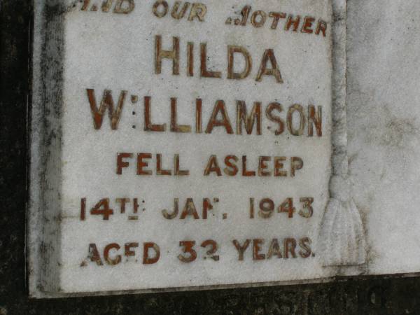 Hilda WILLIAMSON,  | mother,  | died 14 Jan 1943 aged 32 years;  | Pimpama Uniting cemetery, Gold Coast  | 