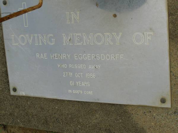 Rae Henry EGGERSDORFF,  | died 27 Oct 1986 aged 61 years;  | Pimpama Uniting cemetery, Gold Coast  | 