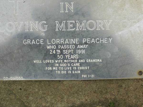 Grace Lorraine PEACHEY,  | died 24 Sept 1991 aged 50 years,  | wife mother grandma;  | Pimpama Uniting cemetery, Gold Coast  | 