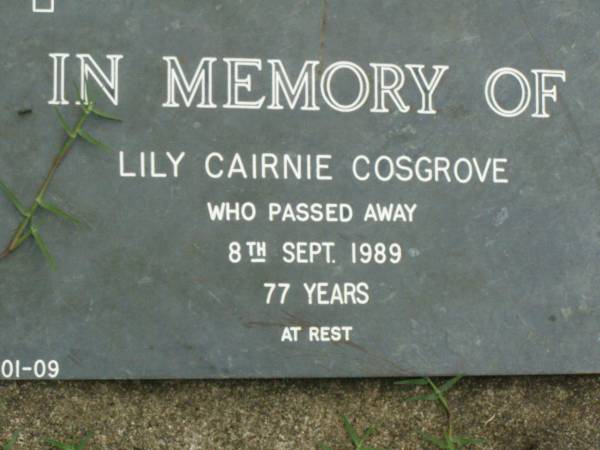 Lily Cairnie COSGROVE,  | died 8 Sept 1989 aged 77 years;  | Pimpama Uniting cemetery, Gold Coast  | 