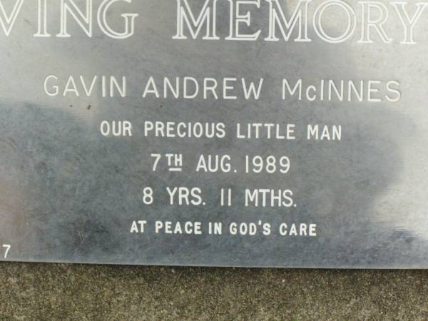 Gavin Andrew MCINNES,  | died 7 Aug 1989 aged 8 years 11 months;  | Pimpama Uniting cemetery, Gold Coast  | 