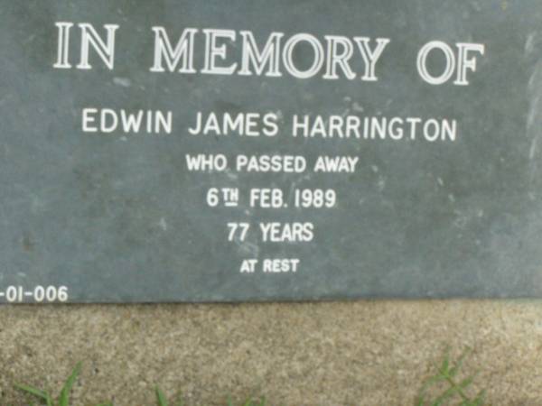 Edwin James HARRINGTON,  | died 6 Feb 1989 aged 77 years;  | Pimpama Uniting cemetery, Gold Coast  | 