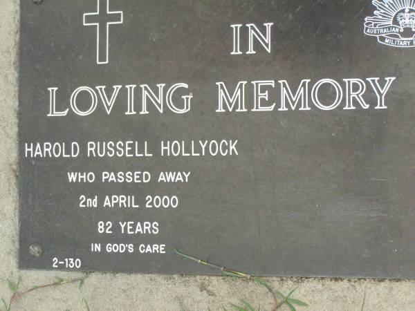 Harold Russell HOLLYOCK,  | died 2 April 2000 aged 82 years;  | Pimpama Uniting cemetery, Gold Coast  | 