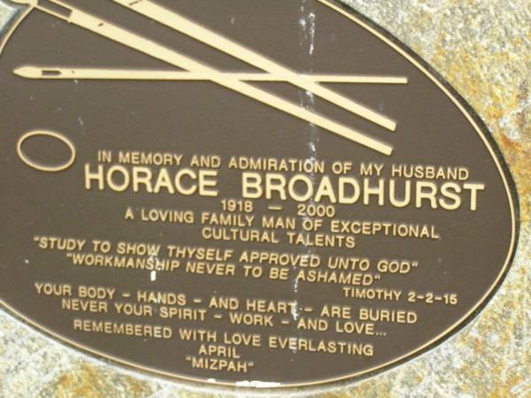 Horace BROADHURST,  | husband of April,  | 1918 - 2000;  | Pimpama Uniting cemetery, Gold Coast  | 
