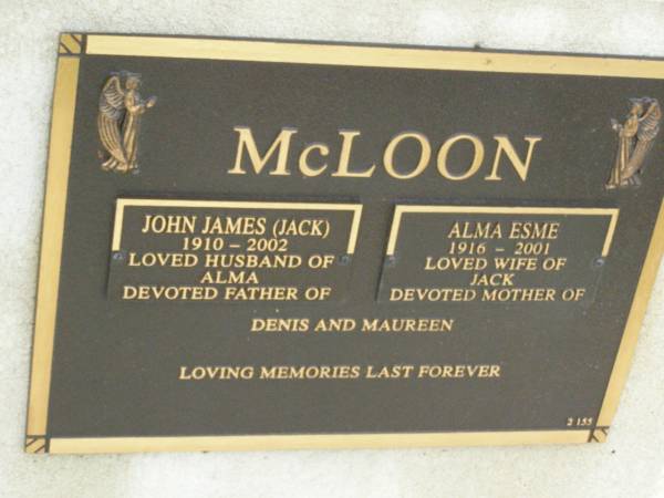 John James (Jack) MCLOON,  | 1910 - 2002,  | husband of Alma,  | father of Denis & Maureen;  | Alma Esme MCLOON  | 1916 - 2001,  | wife of Jack,  | mother of Denis & Maureen;  | Pimpama Uniting cemetery, Gold Coast  | 