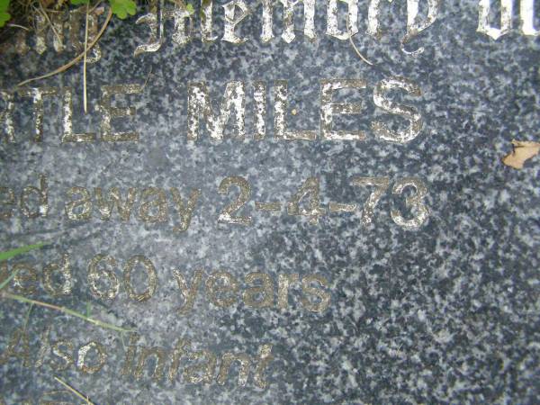 Myrtle MILES,  | died 2-4-73 aged 60 years;  | Kenneth MILES,  | infant;  | [REDO]  | Pimpama Uniting cemetery, Gold Coast  | 