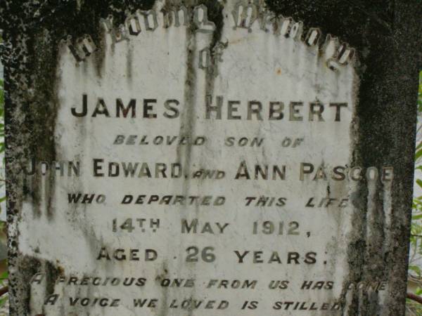 James Herbert,  | son of John Edward & Ann PASCOE,  | died 14 May 1912 aged 26 years;  | Pimpama Uniting cemetery, Gold Coast  | 