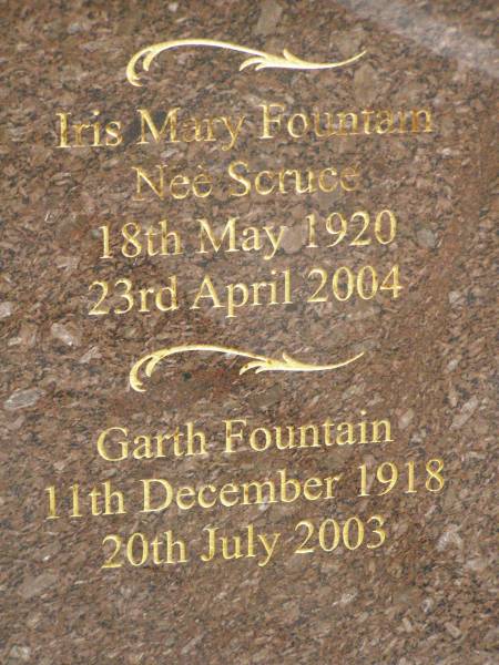 Betty FOUNTAIN,  | 14 July 1923 - 7 Feb 2006;  | Leigh FOUNTAIN,  | 11 Oct 1951 - 7 Feb 2006;  | Iris Mary FOUNTAIN (nee SCRUCE),  | 18 May 1920 - 23 April 2004;  | Garth FOUNTAIN,  | 11 Dec 1918 - 20 July 2003;  | Pimpama Uniting cemetery, Gold Coast  | 