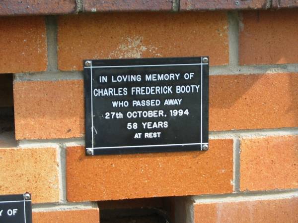 Charles Frederick BOOTY,  | died 27 Oct 1994 aged 58 years;  | Pimpama Uniting cemetery, Gold Coast  | 