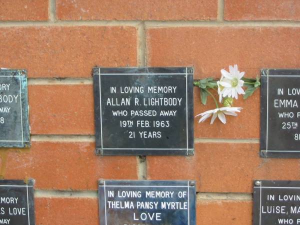 Allan R. LIGHTBODY,  | died 19 Feb 1963 aged 21 years;  | Pimpama Uniting cemetery, Gold Coast  | 