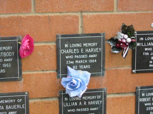 Charles E. HARVEY,  | died 23 March 1964 aged 82 years;  | Pimpama Uniting cemetery, Gold Coast  | 