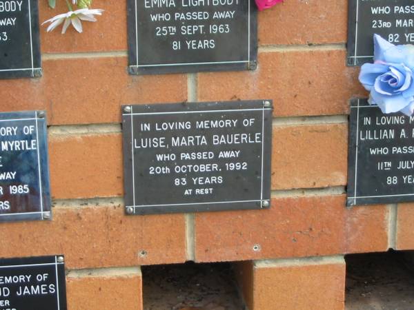 Luise Marta BAUERLE,  | died 20 Oct 1992 aged 83 years;  | Pimpama Uniting cemetery, Gold Coast  | 