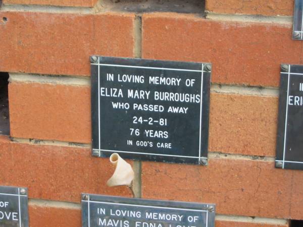 Eliza Mary BURROUGHS,  | died 24-2-81 aged 76 years;  | Pimpama Uniting cemetery, Gold Coast  | 