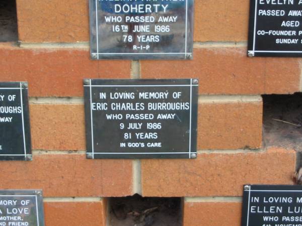 Eric Charles BURROUGHS,  | died 9 July 1986 aged 81 years;  | Pimpama Uniting cemetery, Gold Coast  | 