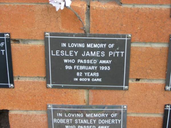 Lesley James PITT,  | died 9 Feb 1993 aged 82 years;  | Pimpama Uniting cemetery, Gold Coast  | 