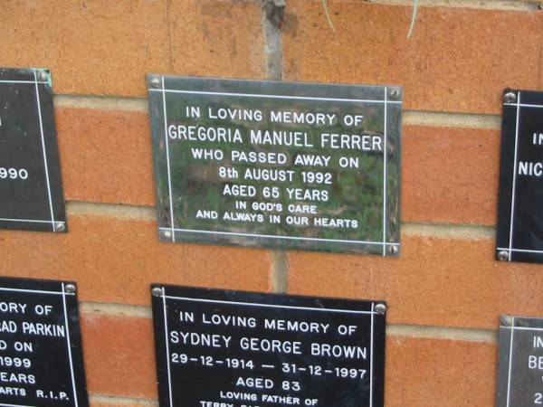 Gregoria Manuel FERRER,  | died 8 Aug 1992 aged 65 years;  | Pimpama Uniting cemetery, Gold Coast  | 