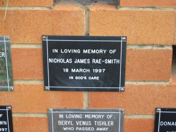 Nicholas James RAE-SMITH,  | died 18 March 1997;  | Pimpama Uniting cemetery, Gold Coast  | 