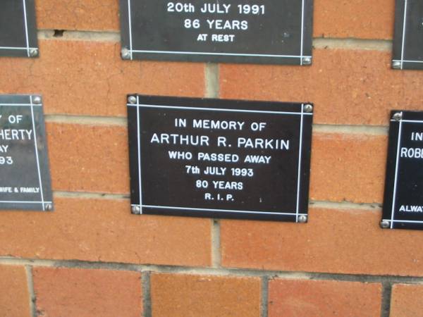 Arthur R. PARKIN,  | died 7 July 1993 aged 80 years;  | Pimpama Uniting cemetery, Gold Coast  | 