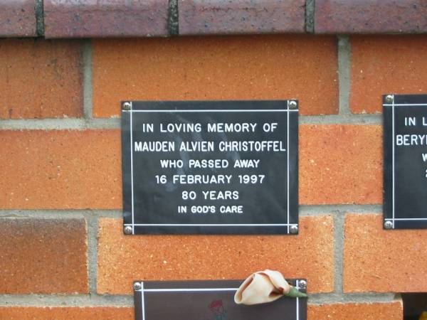 Mauden Alvien CHRISTOFFEL,  | died 16 Feb 1977 aged 80 years;  | Pimpama Uniting cemetery, Gold Coast  | 