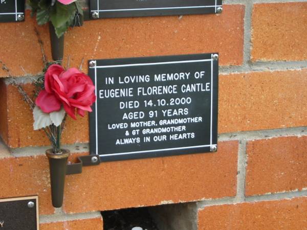 Eugenie Florence CANTLE,  | died 14 Oct 2000 aged 91 years,  | mother grandmother great-grandmother;  | Pimpama Uniting cemetery, Gold Coast  | 