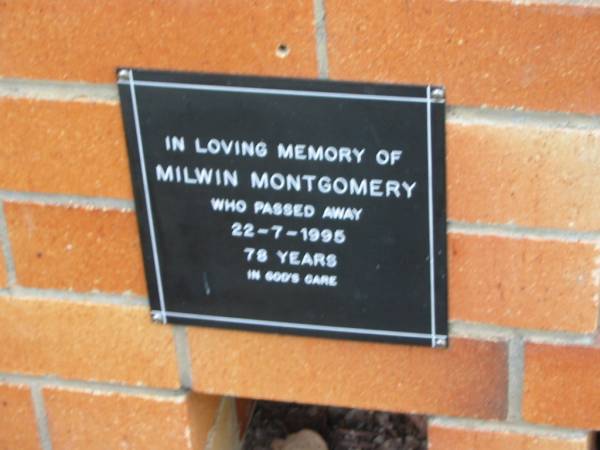 Milwin MONTGOMERY,  | died 22-7-1995 aged 78 years;  | Pimpama Uniting cemetery, Gold Coast  | 