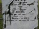 
Samuel LIGHTBODY,
died 20 April 1918 aged 68 years,
husband father;
Annie Mary,
daughter,
died 14 Dec 1913 aged 24 years;
Hannah,
wife,
died 4 May 1927 aged 76 years;
Samuel Joseph,
son,
died 10 Feb 1921 aged 33 years;
Pimpama Uniting cemetery, Gold Coast
