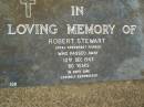 
Robert STEWART,
local arrowroot pioneer,
died 10 Dec 1943 aged 80 years;
Pimpama Uniting cemetery, Gold Coast
