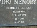 
Burnett JOHNSEN,
died 22 Aug 1936 aged 80 years;
Pimpama Uniting cemetery, Gold Coast
