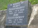 
Henry EGGERSDORFF,
died 14-8-1969 aged 73 years;
Jane EGGERSDORFF,
died 31-3-1981 aged 78 years;
Pimpama Uniting cemetery, Gold Coast
