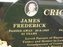 
James Frederick CRICK,
died 20-8-1989 aged 61 years;
Nancy Catherine CRICK,
a href=http:en.wikipedia.orgwikiNancy_Crickeuthanasia martyra,
died 22-5-2002 aged 69 years;
parents of Wayne & Daryle,
father and mother-in-law of Jackie,
grandparents of Celest, Seona, Craig (dec) & Warren (dec),
great-grandparents of FLYNN, Jai, Sara, Abby, Hana & Jess;
Pimpama Uniting cemetery, Gold Coast
